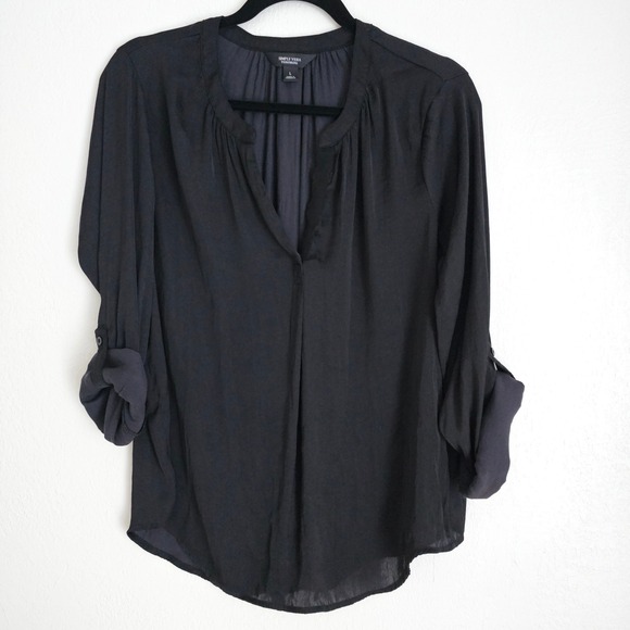 Simply Vera‎ Wang Black Long Sleeve V-Neck Blouse Top Size L Roll Sleeves - Picture 11 of 11